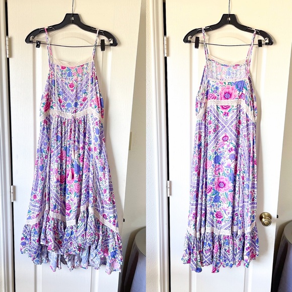 Spell Babushka Midi Dress Floral Lavender Handkerchief Hem Large EUC - Picture 2 of 9